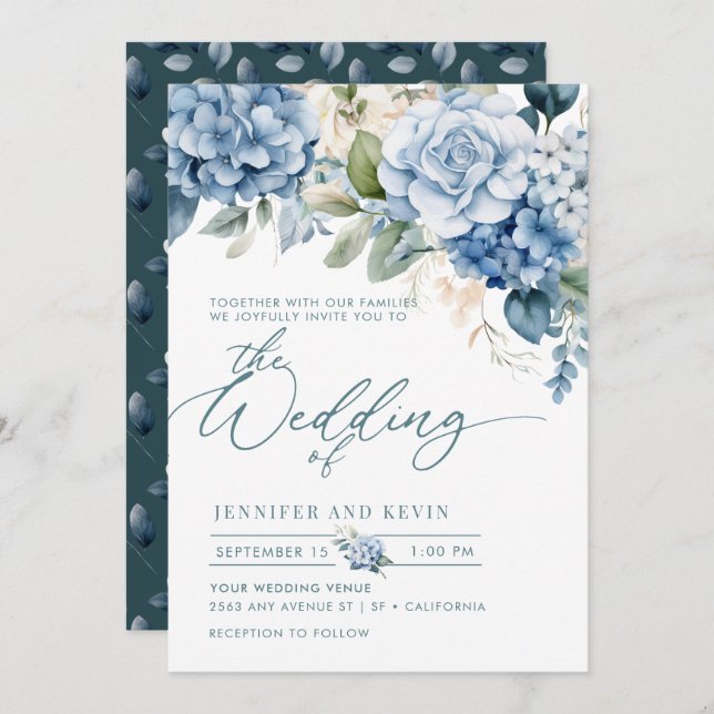 Blue Hydrangea Modern Script Floral Wedding Invitation (Front/Back)