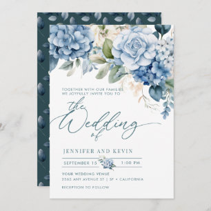 Blue Hydrangea Modern Script Floral Wedding Invitation