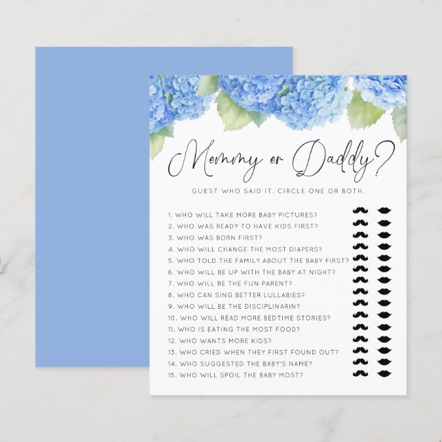 Blue Hydrangea Mommy or Daddy Baby Shower Games (Front/Back)