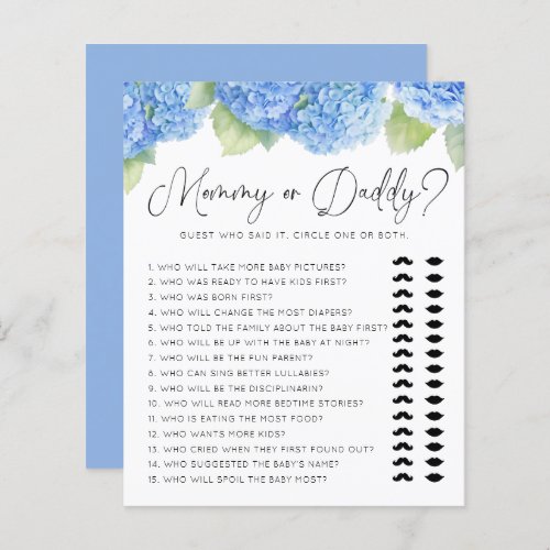 Blue Hydrangea Mommy or Daddy Baby Shower Games