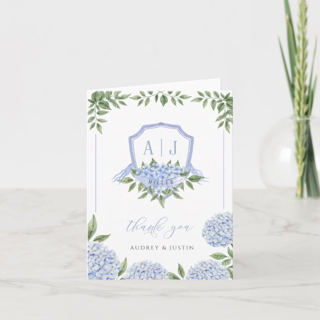 Blue Hydrangea Monogram Crest Bordered Wedding Letterpress Thank You Card (Front)