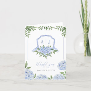 Blue Hydrangea Monogram Crest Bordered Wedding Letterpress Thank You Card