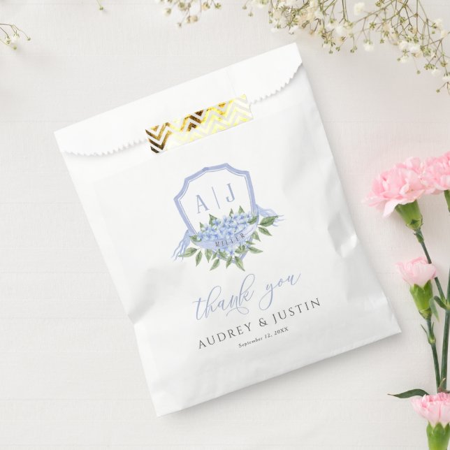 Blue Hydrangea Monogram Crest Customized Wedding Favor Bag (Sealed)