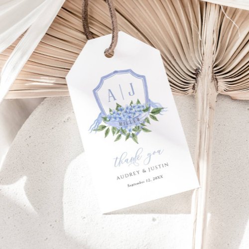 Blue Hydrangea Monogram Crest Customized Wedding Gift Tags