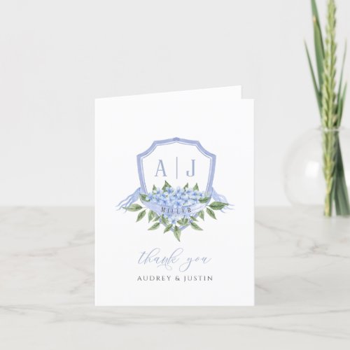 Blue Hydrangea Monogram Crest Customized Wedding Thank You Card