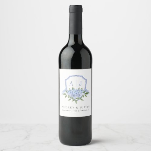 Blue Hydrangea Monogram Crest Customized Wedding Wine Label