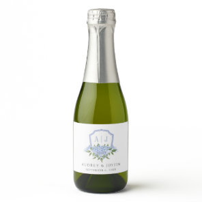 Blue Hydrangea Monogram Crest Mini Wedding Sparkling Wine Label