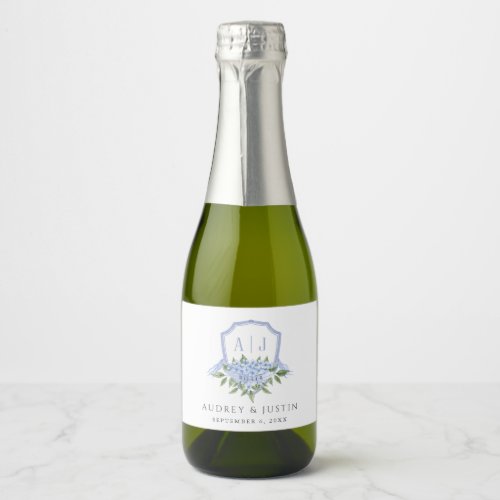 Blue Hydrangea Monogram Crest Mini Wedding Sparkling Wine Label