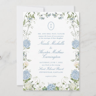 Blue Hydrangea Monogram Crest Wedding Invitation
