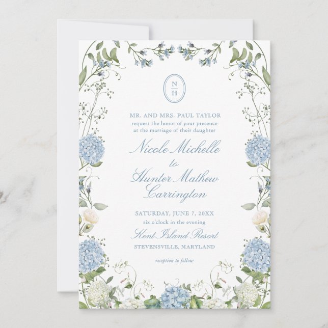 Blue Hydrangea Monogram Crest Wedding Invitation (Front)