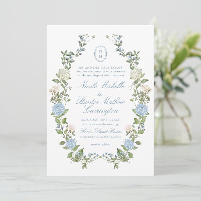 Blue Hydrangea Monogram Crest Wedding Invitation (Standing Front)