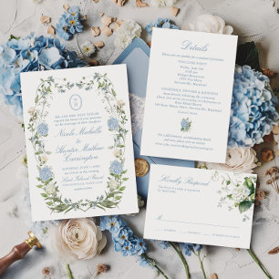 Blue Hydrangea Monogram Crest Wedding Invitation