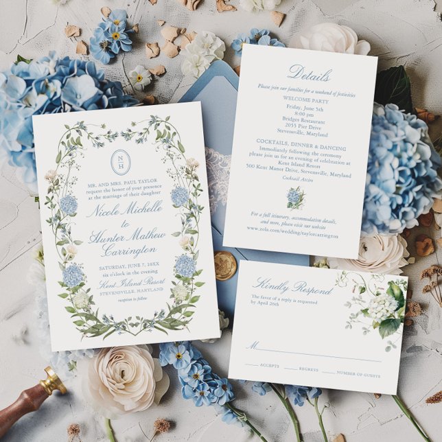 Blue Hydrangea Monogram Crest Wedding Invitation (Creator Uploaded)