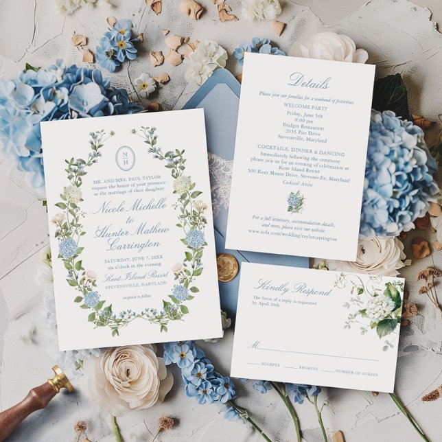 Blue Hydrangea Monogram Crest Wedding Invitation (Creator Uploaded)