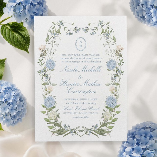 Blue Hydrangea Monogram Crest Wedding Invitation (Creator Uploaded)