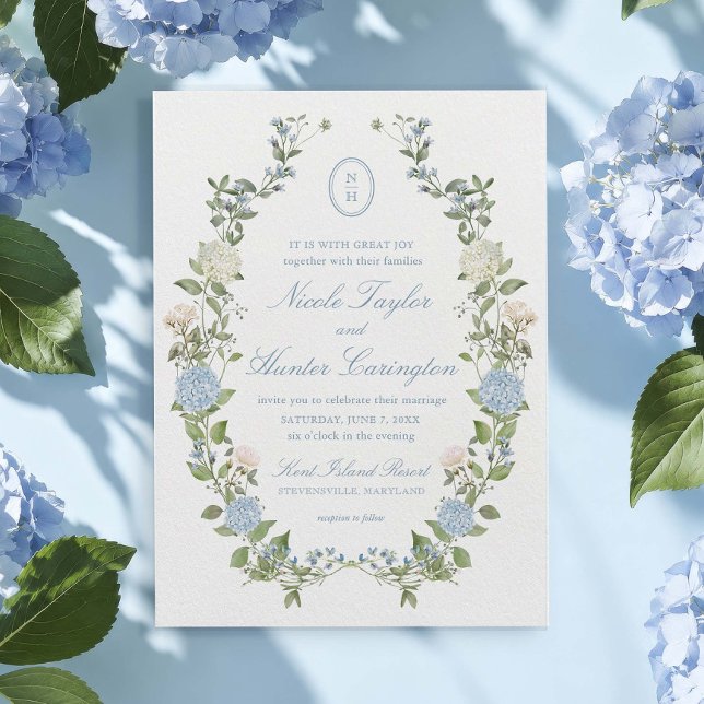 Blue Hydrangea Monogram Crest Wedding Invitation (Creator Uploaded)