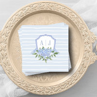 Blue Hydrangea Monogram Crest with Stripes Favor Napkins
