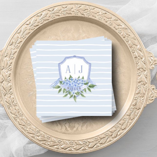 Blue Hydrangea Monogram Crest with Stripes Favor Napkins (Creator Uploaded)