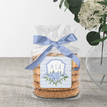 Blue Hydrangea Monogram Crest with Stripes Favor Square Sticker<br><div class="desc">This beautiful design features your custom text in the watercolor painted crest with a ribbon and hydrangeas. Use the template form to add your information.</div>