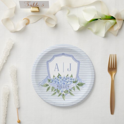 Blue Hydrangea Monogram Crest with Stripes Paper Plates