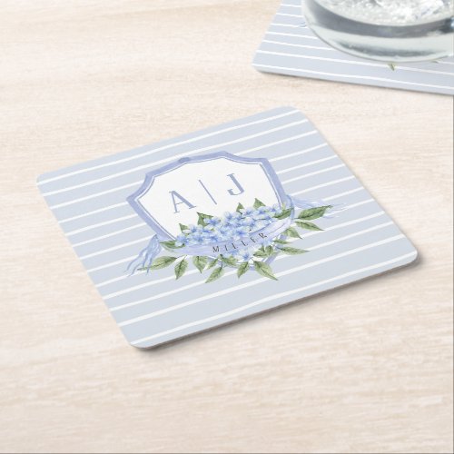 Blue Hydrangea Monogram Crest with Stripes Square Paper Coaster