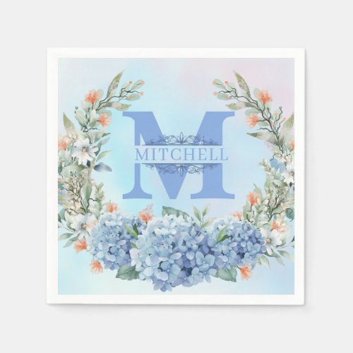 Blue Hydrangea Monogram Paper Napkin