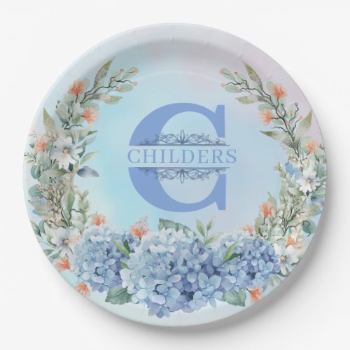 Blue Hydrangea Monogram Paper Plate