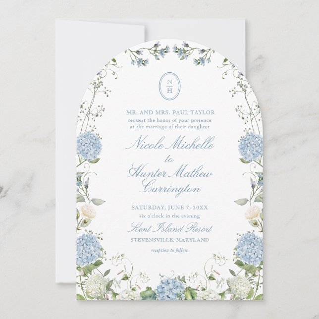 Blue Hydrangea Monogram Wedding Arch Invitation (Front)