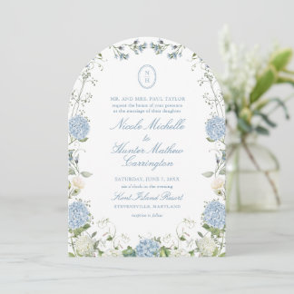 Blue Hydrangea Monogram Wedding Arch Invitation