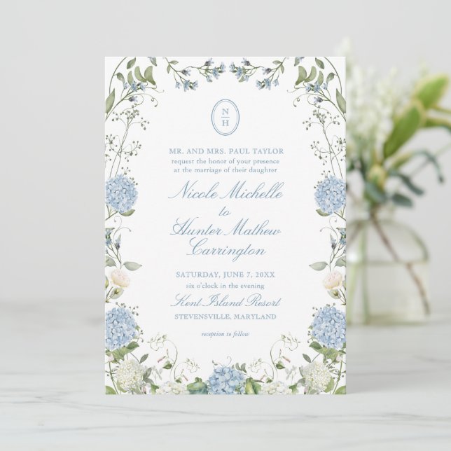 Blue Hydrangea Monogram Wedding Crest Invitation (Standing Front)