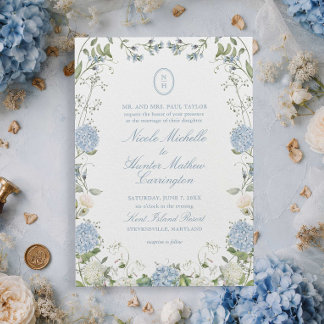 Blue Hydrangea Monogram Wedding Crest Invitation