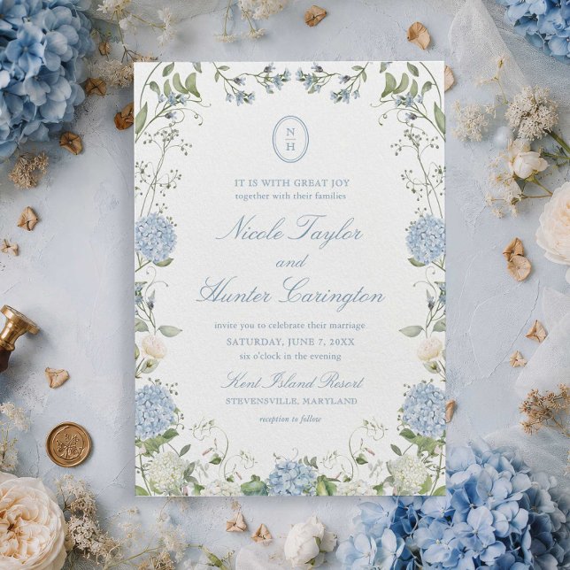 Blue Hydrangea Monogram Wedding Crest Invitation (Creator Uploaded)