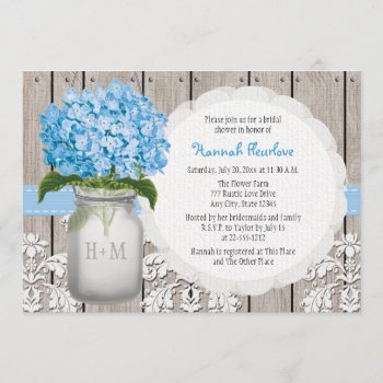 Blue Hydrangea Monogrammed Mason Jar Bridal Shower Invitation by OccasionInvitations at Zazzle