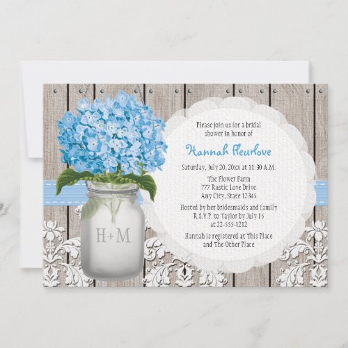 Blue Hydrangea Monogrammed Mason Jar Bridal Shower Invitation