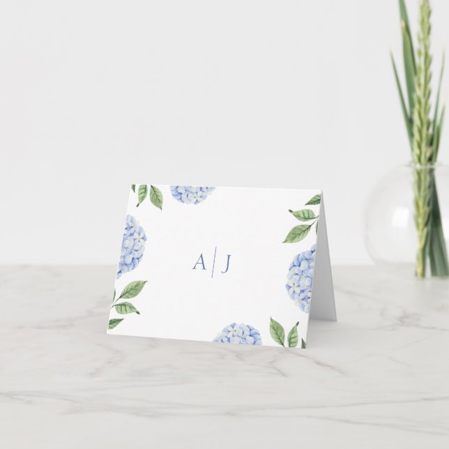 Blue Hydrangea Monogrammed Wedding Thank You Card (Front)