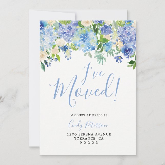 Blue Hydrangea Moving Announcement Cards (Front)