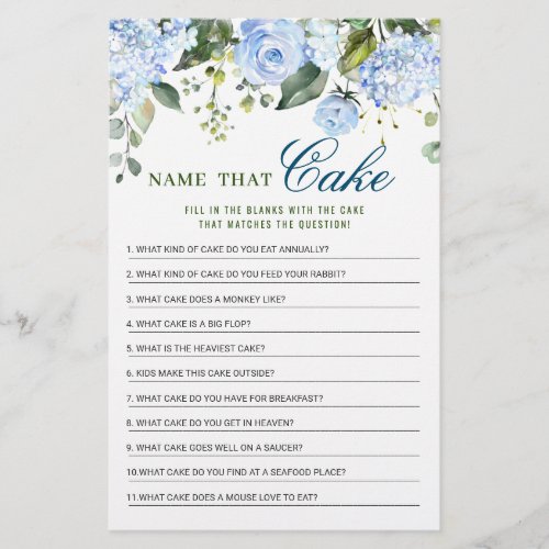 Blue Hydrangea Name That Cake Bridal Shower Game