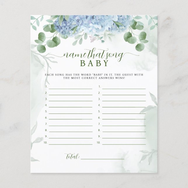 Blue hydrangea Name That Song Baby Shower Game (Front)