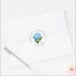Blue Hydrangea Names and Wedding Date Classic Round Sticker<br><div class="desc">A simple and budget friendly detail for envelopes,  favors,  packaging and more,  these custom text round stickers feature a classic periwinkle blue hydrangea blossom and arched name and wedding date text.</div>
