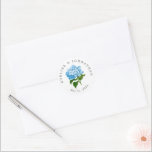 Blue Hydrangea Names and Wedding Date Classic Round Sticker<br><div class="desc">A simple and budget friendly detail for envelopes,  favors,  packaging and more,  these custom text round stickers feature a classic periwinkle blue hydrangea blossom and arched name and wedding date text.</div>