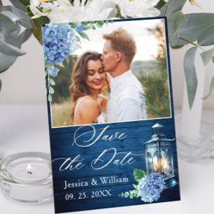 Blue Hydrangea Navy Wood Lantern Photo Wedding Save The Date