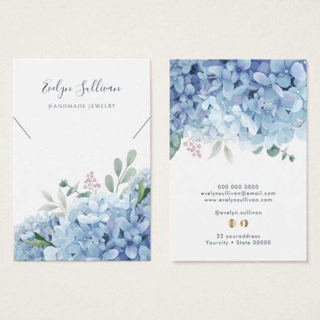 Blue hydrangea necklace display card (Front & Back)