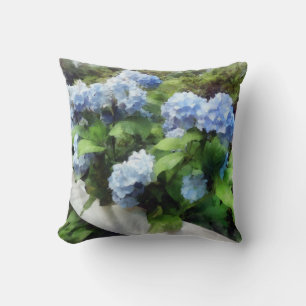 Blue Hydrangea on White Fence Throw Pillow