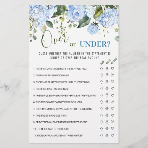 Blue Hydrangea Over Or Under Bridal Shower Game