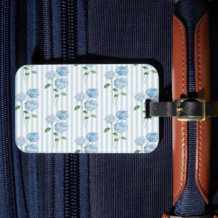 Blue Hydrangea Painting Blue Stripe Coastal Luggage Tag