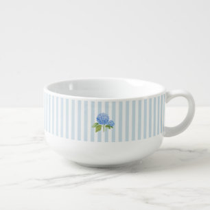 Blue Hydrangea Painting Blue Stripe Coastal Soup Mug