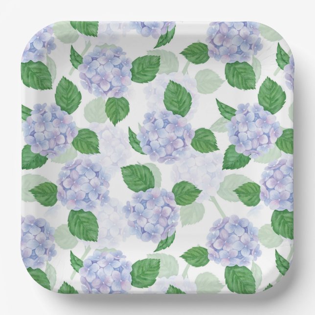 Blue Hydrangea Paper Plates, Botanical Floral Plates (Front)