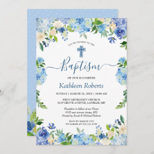 Blue Hydrangea Pastel Floral Baptism Christening Invitation