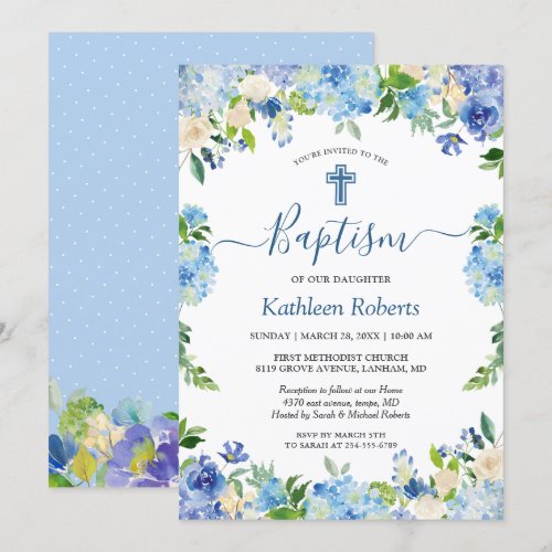 Blue Hydrangea Pastel Floral Baptism Christening Invitation