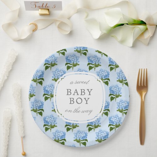 Blue Hydrangea Pattern Sweet Baby Boy Paper Plates